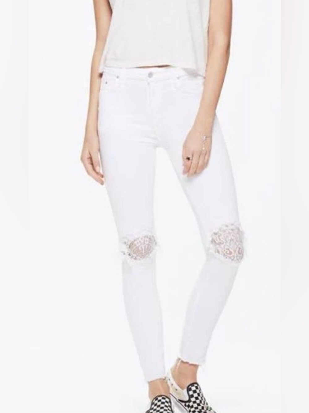 MOTHER White Skinny Jeans with Lace Knee Detail -size 27